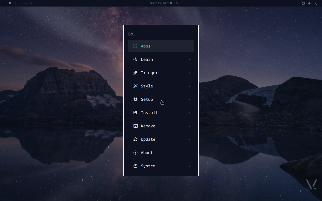 vinos-menu open with Install submenu visible